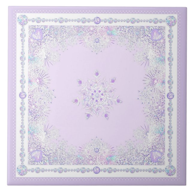 light purple snowflake & glittering heart tile (Front)