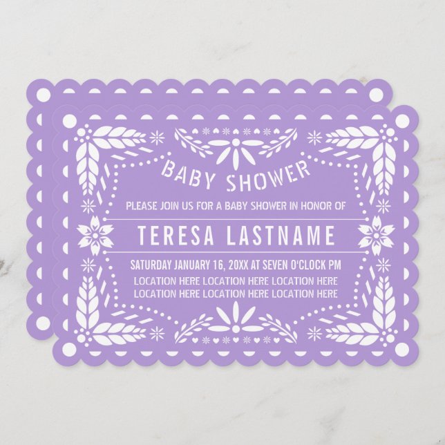 Light purple, white papel picado baby girl shower invitation (Front/Back)