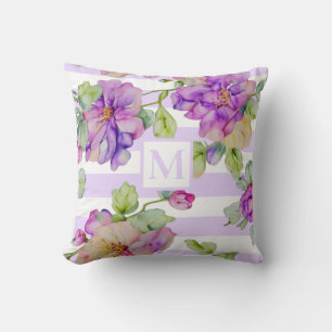 Light purple white strips watercolor purple floral cushion
