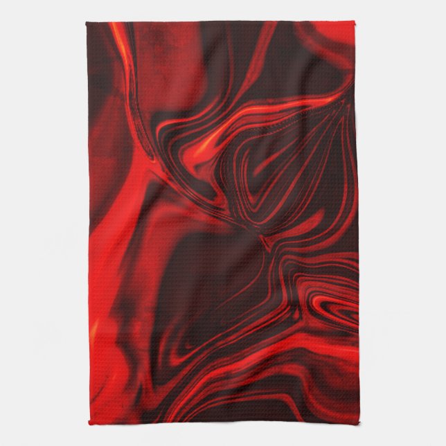 Light red and dark curves on dark background. tea towel (Vertical)
