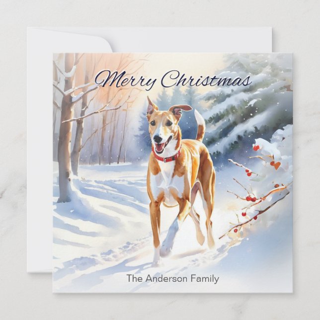 Light Red Fawn Greyhound Dog In Snow Christmas Holiday Card (Front)