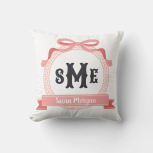 Light Red Greek Key Bow Monogram Cushion