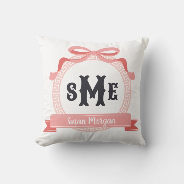Light Red Greek Key Bow Monogram Cushion (Front)