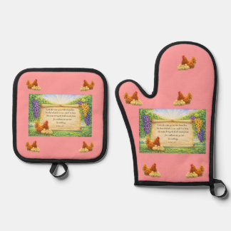 Light Red Oven Mitt & Potholder Set w/ Bible Verse