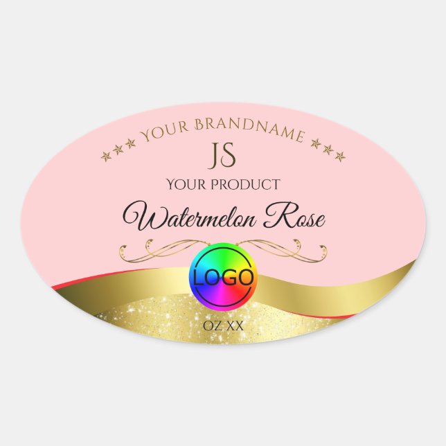 Light Red Wavy Gold Logo Monogram Product Label (Front)