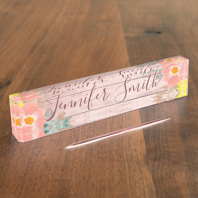 Light Rose Gold Rustic Wood Watercolor Floral Nameplate (Creator Uploaded)