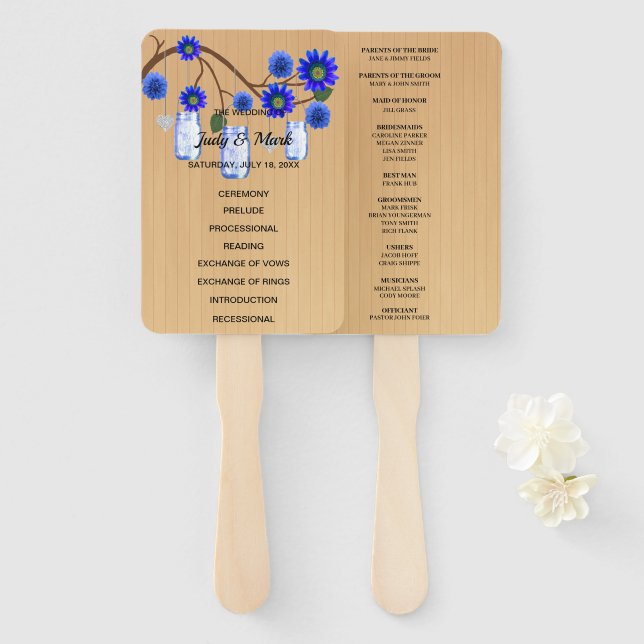 Light Rustic Blue Floral Mason Jars Wedding Hand Fan (Front and Back)