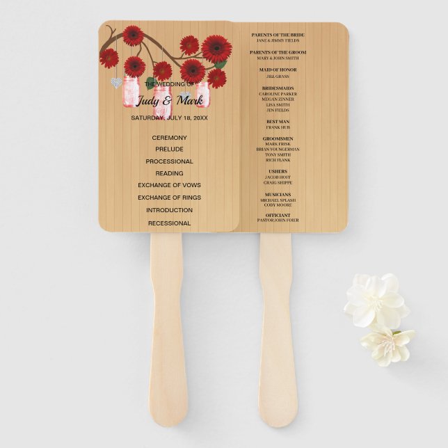 Light Rustic Red Floral Mason Jars Wedding Hand Fan (Front and Back)