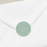 Light Sage Family Name Return Address Classic Round Sticker<br><div class="desc">Light Sage Family Name Return Address Classic Round Sticker features your family last name and address in white against a light sage colour. Check out the matching wedding items https://www.zazzle.com/collections/peach_layered_geometric_light_sage_wedding-119919264900833968 Personalise it by replacing the placeholder text. For more options such as to change the font, it's size and spacing between...</div>