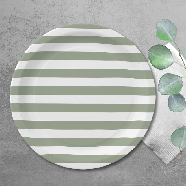 Light Sage Green and White Stripe Paper Plate (Creator Uploaded)
