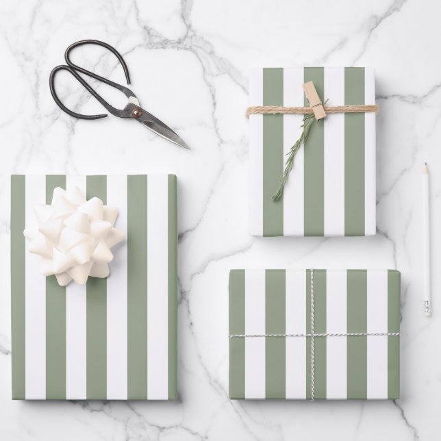 Light Sage Green and White Stripe Wrapping Paper Sheet (Front)