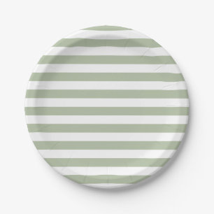 Light Sage Green and White Stripes Paper Plate