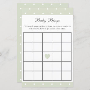 Light Sage Green Baby Shower Baby Bingo Game