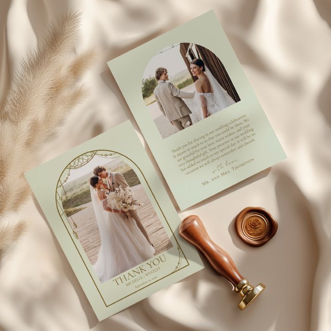 Light Sage Green Boho Beaded Arch Frame Wedding Thank You Card (Creator Uploaded)