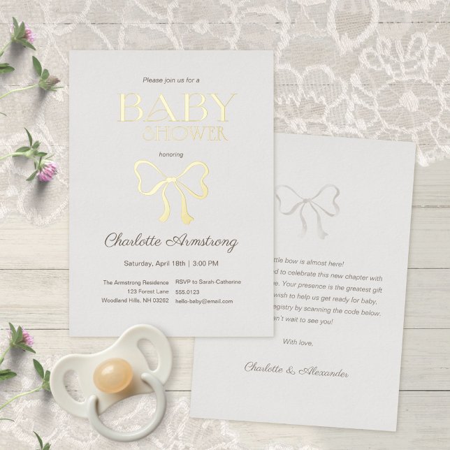 Light Sage Green Elegant Bow Baby Shower (Subtle Sage Green Elegant Bow Baby Shower Foil Invitation ©Susanne Sachers - Sunny Mind 🌞)