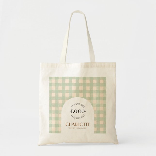 Light sage green Gingham preppy Logo Business Tote Bag (Front)