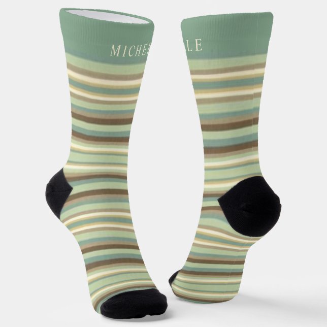 Light Sage Green Lines Striped Custom Name  Socks (Angled)