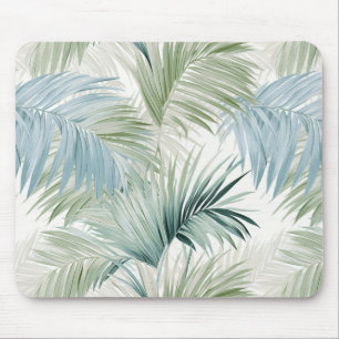 Light Sage Green Pale Blue Palm Leaves Patterned Mouse Pad