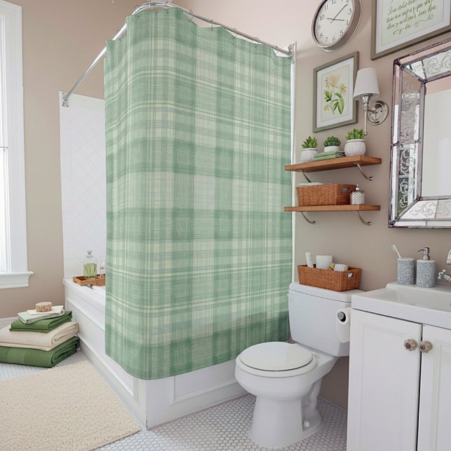 Light sage green plaid shower curtain (Creator Uploaded)