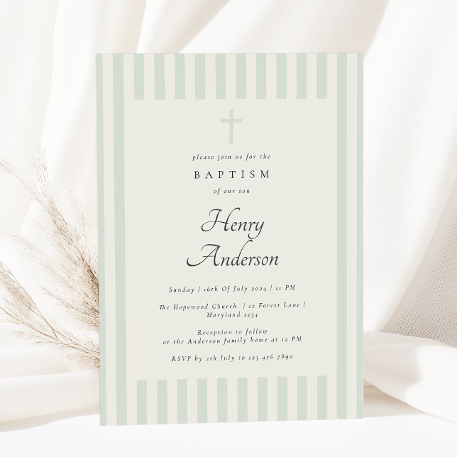 Light Sage Green Stripe Elegant Baptism Boy Invite (Creator Uploaded)