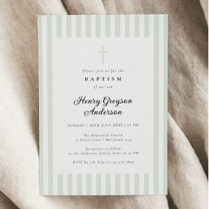 Light Sage Green Stripe Elegant Baptism Invitation