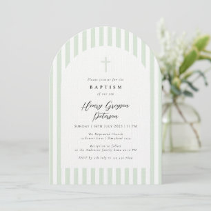 Light Sage Green Stripe Elegant Baptism Invitation