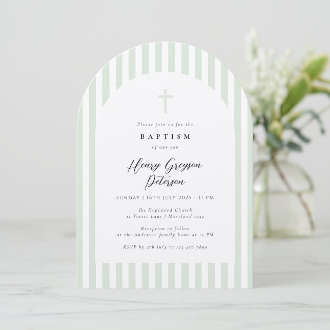 Light Sage Green Stripe Elegant Baptism Invitation (Standing Front)
