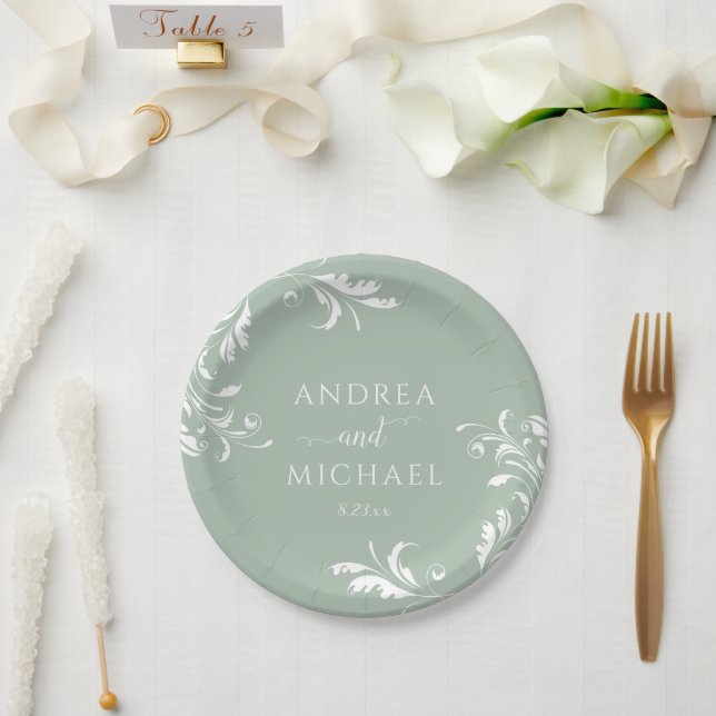 Light Sage Green Wedding Elegant Luxury Flourish Paper Plate (Wedding)