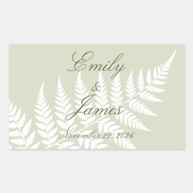 Light Sage Green White Fern Elegant Personalised Rectangular Sticker (Front)