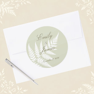 Light Sage Green White Fern Elegant Wedding Classic Round Sticker