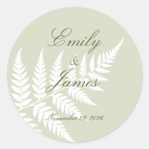 Light Sage Green White Fern Elegant Wedding Classic Round Sticker