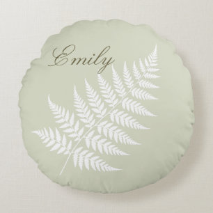 Light Sage Green White Fern Flowing Script Name Round Cushion