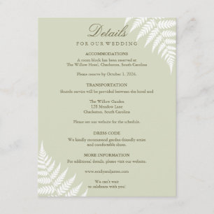 Light Sage Green White Fern Wedding Details Enclosure Card