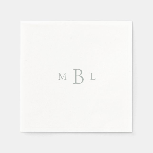 Light Sage Monogram White Elegant Wedding Cocktail Napkin (Front)