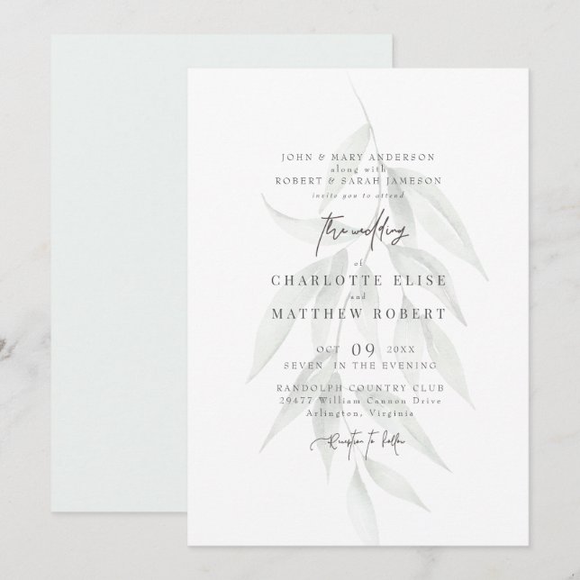 Light Sage Muted Foliage Modern Wedding Invitation (Front/Back)