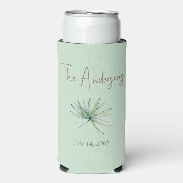 Light Sage Personalised Tropical Wedding Favour Seltzer Can Cooler (Seltzer Front)