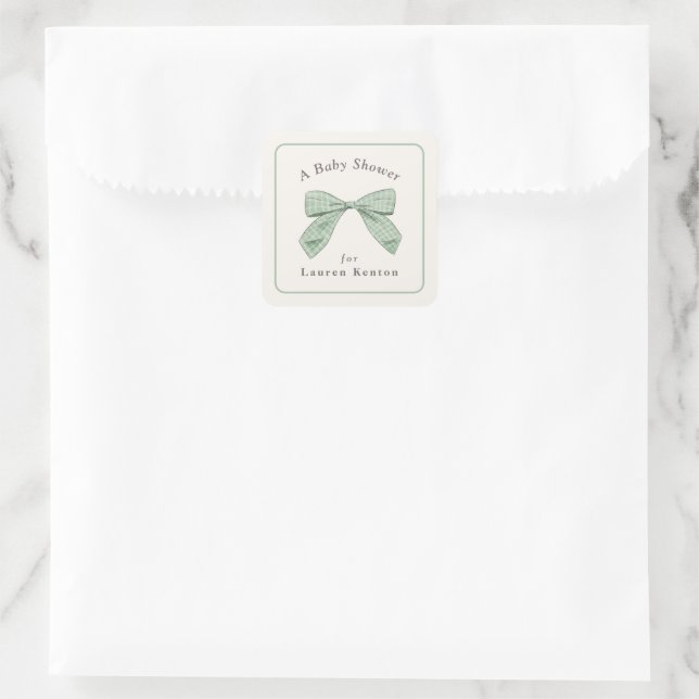 Light Sage Plaid Bow Elegant Boy Baby Shower Square Sticker (Bag)