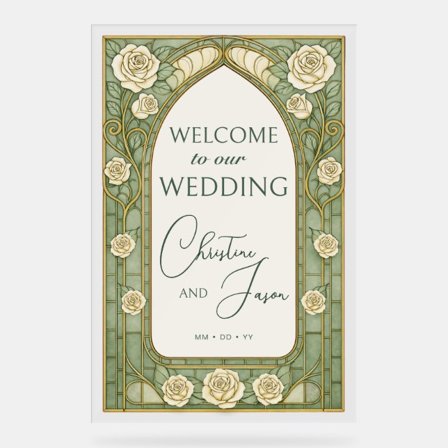 Light Sage Stained Glass Floral Wedding Welcome  Acrylic Sign (Front)