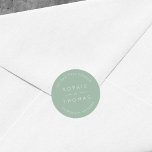 Light Sage Wedding Return Address Modern Classic Round Sticker<br><div class="desc">This wedding return address sticker features the names of the wedding couple and address in white against a light sage colour. Check out the matching wedding items here https://www.zazzle.com/collections/peach_layered_geometric_light_sage_wedding-119919264900833968 Personalise it by replacing the placeholder text. For more options such as to change the font, it's size and spacing between letters...</div>