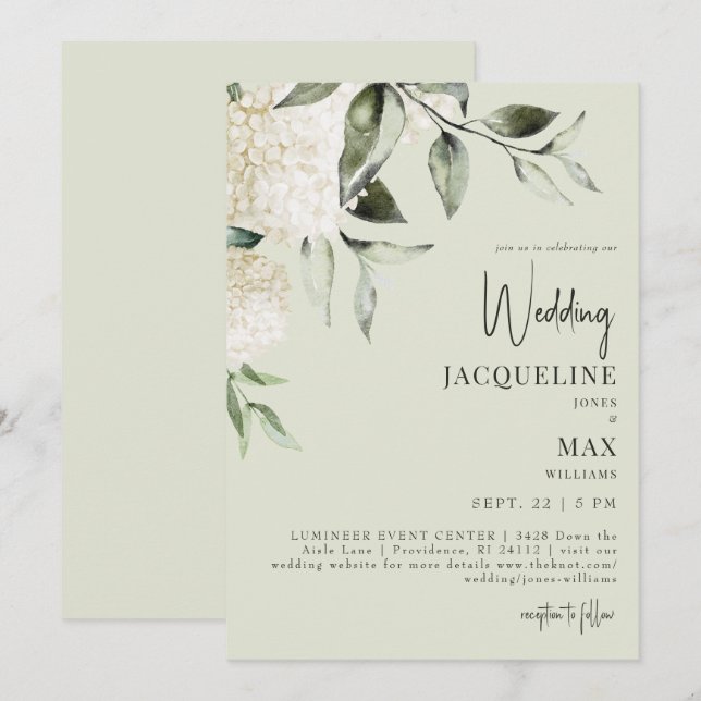  Light Sage White Hydrangeas Wedding Invitation (Front/Back)