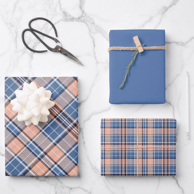 Light Salmon, Marine Blue, Dove Grey... Plaid Wrapping Paper Sheet (Front)