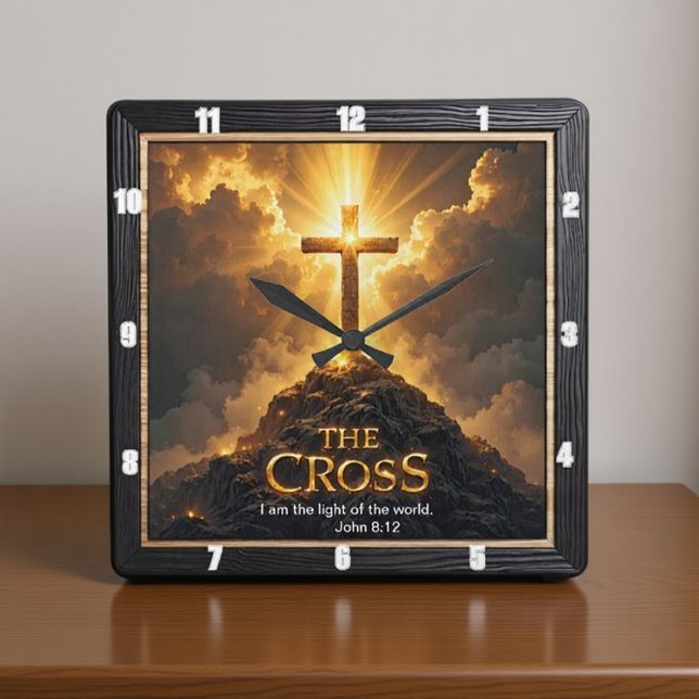 Light Salvation Cross Mountain Wooden World John 8 Square Wall Clock (Creator Uploaded)