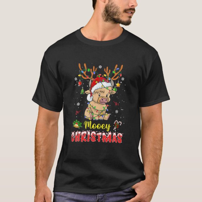 Light Santa Hat Mooey Christmas Tshirt Highland Co (Front)