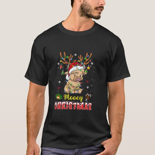 Light Santa Hat Mooey Christmas Tshirt Highland Co (Front)