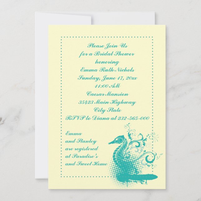 Light sea green seahorse wedding bridal shower invitation (Front)