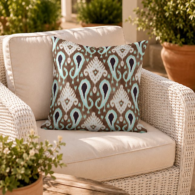 Light Seafoam Green Dark Brown Ikat Tribal Pattern Cushion (Creator Uploaded)