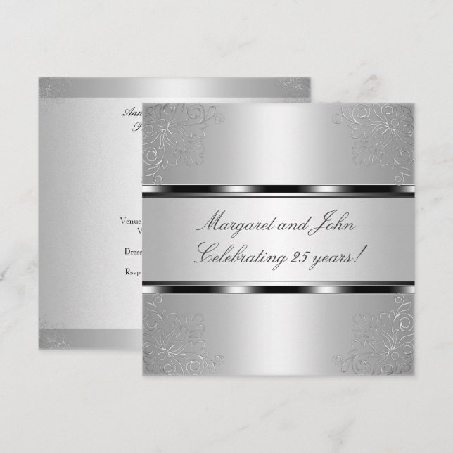 Light Silver Floral 25th Anniversary Party Event Invitation (Front/Back)