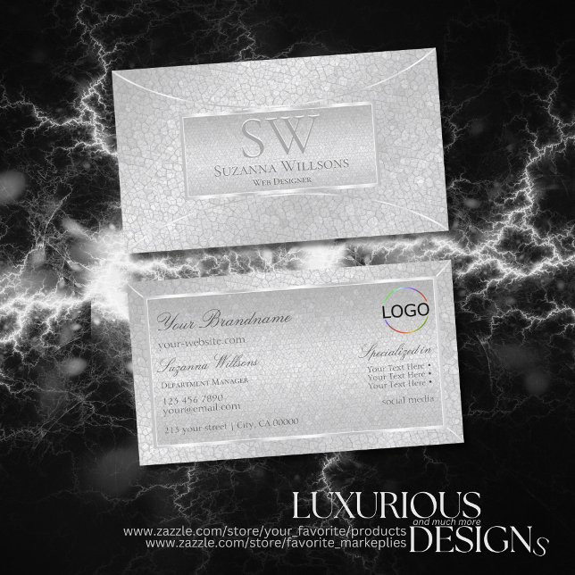 Light Silver Snake Pattern with Monogram and Logo Business Card (Creator Uploaded)
