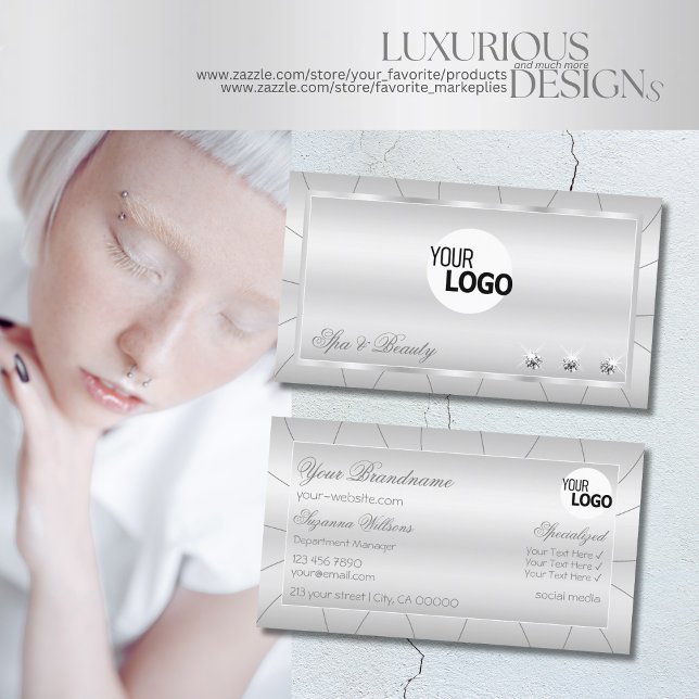 Light Silver with Diamonds and Logo Luxury Stylish Business Card (Creator Uploaded)