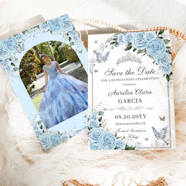 Light Sky Blue Floral Sweet 16 Quinceañera Photo Save The Date (Creator Uploaded)